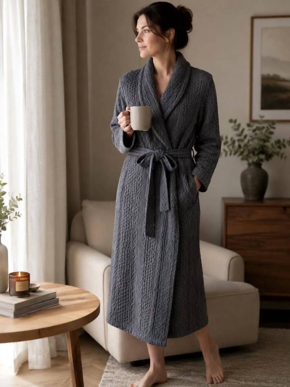 NEW DIAMOND TEA women's cable knit robe in grey